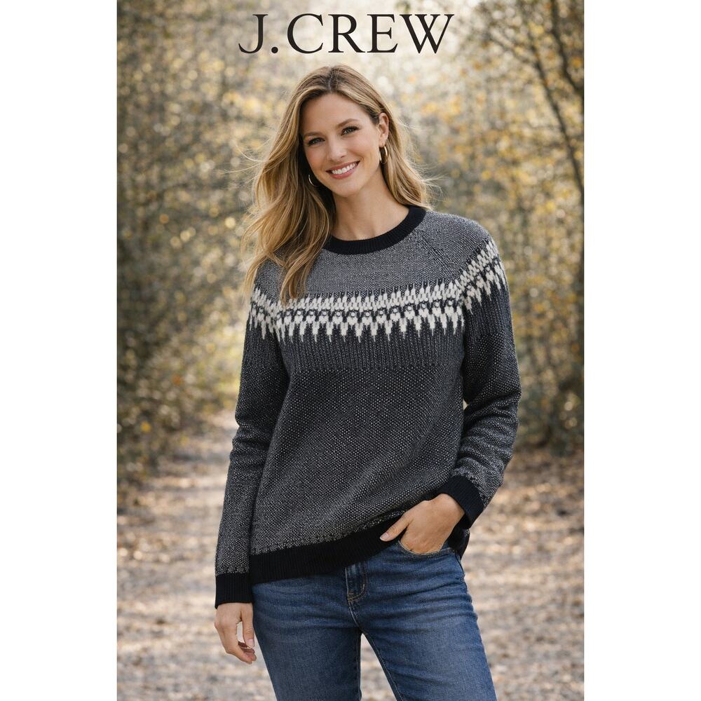 J.Crew Wool Fair‎ Isle Nordic Yoke Sweater Black/Ivory Crewneck Winter